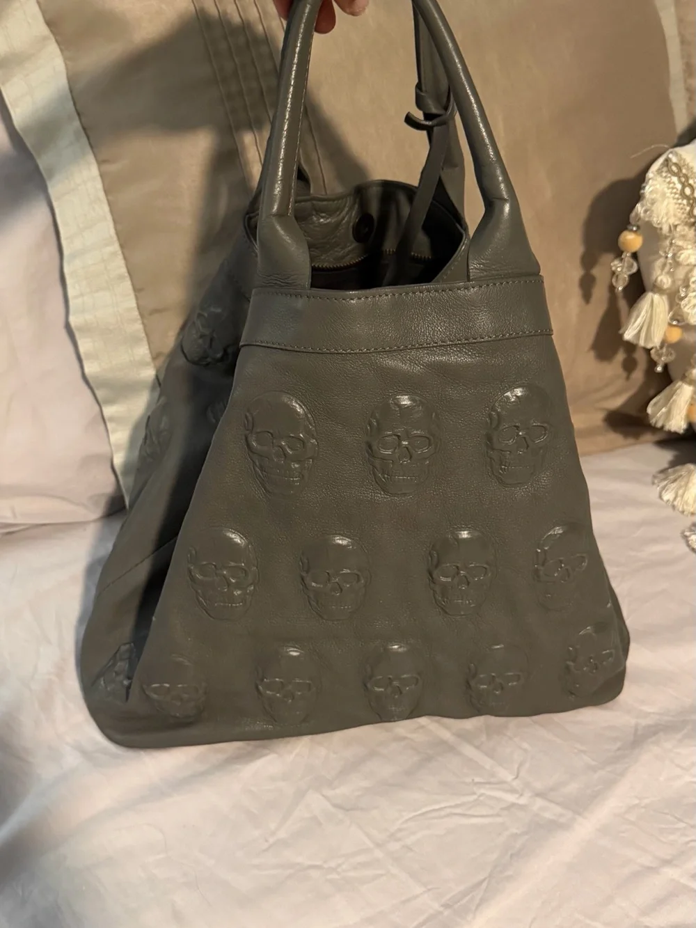 Embossed Skull Leather Tote - Charcoal